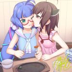  2girls :3 ahoge ascot blue_hair blue_shirt blunt_bangs brown_hair collarbone commentary_request dress food food_on_face fork frills gathers glasses green_eyes headgear holding holding_fork holding_knife indoors kashiki_main knife licking licking_another&#039;s_face long_hair looking_ahead low_twintails multiple_girls open_mouth otomachi_una otomachi_una_(talkex) pink_dress raised_eyebrows red-framed_eyewear red_eyes rice rice_on_face sailor_collar school_uniform semi-rimless_eyewear serafuku shirt signature sizzler_plate sleeveless sleeveless_dress sleeveless_shirt talkex tongue tongue_out touhoku_kiritan twintails upper_body vocaloid voiceroid white_ascot white_sailor_collar yuri 