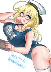  1girl absurdres ahoge blonde_hair blue_eyes blush breasts dated glasses hair_ribbon hat highres i-8_(kancolle) kantai_collection katou_shinobu large_breasts lips long_hair looking_at_viewer low_twintails lying name_tag on_stomach one-piece_swimsuit open_mouth peaked_cap red-framed_eyewear ribbon sailor_hat school_swimsuit semi-rimless_eyewear smile swimsuit thighhighs twintails twitter_username under-rim_eyewear white_background white_thighhighs 