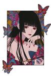  1girl animal_print black_hair bug butterfly butterfly_hair_ornament butterfly_print choker dress hair_ornament hand_to_own_face holding holding_smoking_pipe ichihara_yuuko light_smile lipstick long_hair makeup nail_polish red_choker red_eyes red_lips red_nails robe ry1115275908 smile smoking_pipe solo straight_hair xxxholic yellow_background 