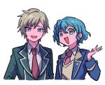  1boy 1girl :d black_jacket blonde_hair blue_eyes blue_hair blue_jacket braid collared_shirt cropped_torso curly_hair dorothy_west hair_between_eyes hand_up idol_time_pripara jacket long_sleeves looking_at_viewer necktie open_clothes open_jacket open_mouth paprika_private_academy_school_uniform pretty_(series) pripara red_necktie rituyama1 school_uniform shirt short_hair side_braid simple_background smile smug upper_body vest white_background white_shirt yellow_vest yumekawa_shougo 