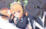  2girls absurdres animal_ear_headphones animal_ears anno_(yukikaze_08) arona&#039;s_sensei_doodle_(blue_archive) blonde_hair blue_archive blue_bow blue_bowtie blush bow bowtie cat_ear_headphones commentary_request fake_animal_ears green_eyes green_halo hair_bow halo headphones highres index_finger_raised long_sleeves looking_at_viewer lying maid maid_headdress midori_(blue_archive) midori_(maid)_(blue_archive) momoi_(blue_archive) momoi_(maid)_(blue_archive) multiple_girls official_alternate_costume on_back open_mouth pantyhose sensei_(blue_archive) short_hair siblings sisters sleeping tail twins white_pantyhose 