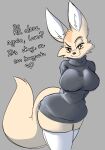  &lt;3 aggressive_retsuko anthro big_breasts breasts canid canine clothing dialogue english_text female fennec fenneko fox hi_res legwear looking_at_viewer mammal sanrio solo solratic sweater talking_to_viewer text thigh_highs topwear turtleneck wide_hips 