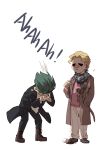  bandaid bandaid_on_face bandaid_on_nose black_coat blonde_hair boots brown_coat chibi coat coffee coffee_cup covering_face cup disposable_cup earrings green_hair hand_in_pocket highres jewelry jojo_no_kimyou_na_bouken killerohan kira_yoshikage kishibe_rohan leaning_forward scarf shaded_face shirt spilling wet wet_clothes wet_shirt winter_clothes winter_coat 