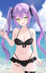  1girl absurdres bare_shoulders beach bikini black_ribbon blush breasts cloud cloudy_sky colored_inner_hair day demon_tail ear_piercing front-tie_bikini_top front-tie_top gradient_hair green_eyes hair_ornament hair_ribbon hairclip highleg highleg_swimsuit highres hololive leg_tattoo long_hair looking_at_viewer medium_breasts multicolored_hair navel open_mouth outdoors piercing pink_hair purple_hair ribbon sky smile solo streaked_hair swimsuit tail tamamorh tattoo thigh_strap tokoyami_towa twintails virtual_youtuber 
