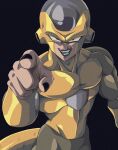  1boy :d biceps black_background black_nails blue_tongue bure_(fantasticyouth7) colored_skin colored_tongue commentary dragon_ball dragon_ball_super english_commentary fingernails frieza gold_skin golden_frieza hand_up looking_at_viewer male_focus muscular muscular_male open_mouth pectorals pointing pointing_at_viewer purple_skin red_eyes simple_background smile solo teeth tongue v-shaped_eyebrows 