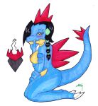  3_toes after_transformation alligator alligatorid alternate_species anthro aroused aroused_face aroused_smile bedroom_eyes big_breasts black_hair blue_body blue_scales blush braided_hair breasts candice_(pokemon) claws crocodilian darkrai emblem enjoying fangs feet female feraligatr fingers generation_2_pokemon generation_4_pokemon gym_leader hair holding_mouth ivanks kneeling legendary_pokemon long_hair looking_at_viewer narrowed_eyes nintendo nipples nude pokemon pokemon_(species) red_head_scales reptile scales scalie seductive short_hair side_view simple_background sitting smile solo spiked_back spiked_tail spikes spikes_(anatomy) tail tan_body teeth toe_claws toes white_background yellow_eyes 