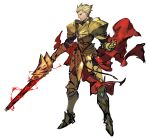  1boy absurdres armor blonde_hair ea_(fate/stay_night) earrings fate/grand_order fate/strange_fake fate_(series) full_armor full_body gilgamesh_(fate) gold_armor highres jewelry kamonegi_(meisou1998) male_focus pauldrons profile red_eyes short_hair shoulder_armor simple_background smile solo weapon white_background 