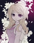  1girl ahoge akamatsu_kaede black_background blonde_hair closed_mouth collared_shirt danganronpa_(series) danganronpa_v3:_killing_harmony flower grey_shirt hair_ornament mikao_(eanv5385) musical_note musical_note_hair_ornament necktie parted_bangs pink_eyes pink_sweater_vest shirt smile solo sweater_vest upper_body white_bag white_flower 