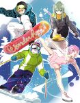  2boys 2girls aqua_hair closed_eyes commentary_request full_body gloves goggles goggles_on_head green_hair hair_between_eyes hair_up hat high_collar highres holding ice_skates kamishiro_rui kusanagi_nene long_hair long_sleeves low_tied_sidelocks momomo_(m0_3) multiple_boys multiple_girls ootori_emu open_mouth orange_eyes orange_hair pants pink_eyes pink_hair project_sekai purple_eyes purple_hair short_hair short_sleeves skates skiing snowboard tenma_tsukasa white_pants winter wonderlands_x_showtime_(project_sekai) 