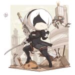  1girl 2b_(nier:automata) :&lt; black_blindfold black_dress black_footwear black_hairband blindfold boots chibi closed_mouth covered_eyes day dress feather-trimmed_sleeves feather_trim flying hairband hand_up high_heel_boots high_heels highres holding holding_sword holding_weapon juliet_sleeves kanoko2.0 long_sleeves mole mole_under_mouth nier:automata nier_(series) outdoors puffy_sleeves robot solo sword thigh_boots thighhighs thighhighs_under_boots weapon white_hair 