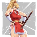  1girl :d bangs blonde_hair breasts brown_eyes final_fight genryuusai_maki highres japanese_clothes large_breasts long_hair looking_at_viewer muscular muscular_female ninja ogami pelvic_curtain ponytail simple_background smile solo street_fighter tonfa weapon 