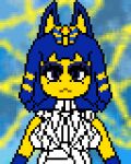  animal_crossing animated ankha_(animal_crossing) anthro bandage blue_eyes blue_hair breast_squish breasts digital_media_(artwork) domestic_cat egyptian_headdress egyptian_mythology felid feline felis female fur hair low_res lucidnightmarezz mammal medallion middle_eastern_mythology mythology nintendo pixel_(artwork) pixel_animation solo squish yellow_body yellow_fur 