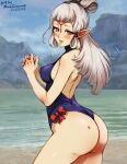  1girl ass ass_focus back blush breasts brown_eyes facial_mark forehead_mark forehead_tattoo from_behind grey_hair hair_ornament hair_stick hair_tubes huge_ass long_hair looking_at_viewer looking_back medium_breasts mina_cream one-piece_swimsuit paya_(zelda) pointy_ears sheikah solo swimsuit the_legend_of_zelda the_legend_of_zelda:_breath_of_the_wild thighs 