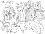  5girls :d ahoge airi_(blue_archive) animal_ears arms_up blue_archive blush cardigan commentary_request copyright_name engiyoshi food food_in_mouth greyscale hair_between_eyes hair_ornament hood hood_down hooded_jacket jacket kazusa_(blue_archive) long_hair low_twintails macaron monochrome mouth_hold multicolored_hair multiple_girls natsu_(blue_archive) neckerchief open_clothes open_jacket pantyhose pleated_skirt reisa_(blue_archive) sailor_collar school_uniform serafuku shirt shoes simple_background skindentation skirt smile socks star_(symbol) star_hair_ornament striped striped_socks thighhighs twintails two-tone_hair very_long_hair white_background yoshimi_(blue_archive) 
