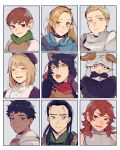  4girls 5boys absurdres animal_ears armor black_hair blonde_hair blue_eyes blush brown_eyes brown_hair cat_ears cat_girl chilchuck closed_mouth dark-skinned_male dark_skin dungeon_meshi dwarf elf facial_hair fake_horns falin_thorden fang green_eyes halfling hat helmet highres horned_helmet horns izutsumi japanese_clothes kabru laios_thorden marcille multiple_boys multiple_girls mustache namari_(dungeon_meshi) pointy_ears red_hair senpuuki_(lince0713) senshi_(dungeon_meshi) shurou smile sweatdrop tongue tongue_out 