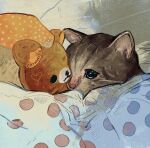  animal_focus artist_name black_sclera blanket cat catwheezie colored_sclera covered_mouth english_commentary forehead-to-forehead heads_together heart no_humans original stuffed_animal stuffed_toy teddy_bear under_covers whiskers 