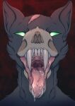  anthro big_fangs bodily_fluids bone bust_portrait front_view fur gaping_mouth green_eyes green_sclera grey_body grey_ears grey_fur grey_inner_ear head_scar hi_res lionfloof mouth_shot no_pupils open_mouth portrait saliva saliva_string scar skull skull_head solo 