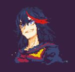  1girl black_hair blue_eyes commentary cropped_shoulders glaceo kill_la_kill long_hair lowres matoi_ryuuko multicolored_hair pixel_art portrait purple_background red_hair senketsu simple_background solo 