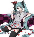  1girl :&lt; aqua_eyes black_bow black_ribbon blush bow checkered_background dress grey_dress hair_bow hatsune_miku highres inu_totemo leaning_back limp_wrist long_hair looking_at_viewer petals ribbon rose_petals seiza sitting solo thighhighs twintails very_long_hair vocaloid white_background world_is_mine_(vocaloid) zettai_ryouiki 