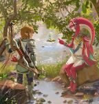  1boy 1girl armor bangs blonde_hair blue_eyes breasts colored_skin day fingerless_gloves fins fish_girl flower gloves grass hair_ornament highres jewelry link long_hair looking_at_another male_focus mipha monster_girl multicolored_skin no_eyebrows nuavic outdoors pointing pointy_ears red_hair red_skin shoulder_armor sitting smile soldier&#039;s_set_(zelda) sword the_legend_of_zelda the_legend_of_zelda:_breath_of_the_wild water weapon zora 