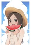  1girl :o absurdres brown_eyes brown_hair cloud day eating food fruit hat highres karakai_jouzu_no_takagi-san long_hair oo_s outdoors shirt solo straw_hat striped striped_shirt sun_hat takagi-san upper_body watermelon 