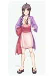  1girl ace_attorney arms_behind_back black_hair blunt_bangs closed_mouth commentary_request full_body geta hair_ornament half_updo hanten_(clothes) highres hiraishi_wataru jacket japanese_clothes jewelry kimono long_hair long_sleeves looking_to_the_side magatama magatama_necklace maya_fey necklace obi parted_bangs pink_kimono purple_jacket red_sash sash short_kimono sidelocks smile solo standing 