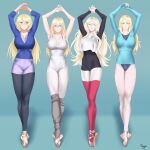 4girls aqua_eyes arms_up athletic_leotard ballet ballet_slippers bismarck_(kancolle) blonde_hair blue_eyes breasts closed_mouth commission full_body hair_between_eyes highres iowa_(kancolle) kantai_collection large_breasts leg_warmers leotard long_hair long_sleeves looking_at_viewer multiple_girls nelson_(kancolle) panties pantyhose parted_lips richelieu_(kancolle) shingyou_(alexander-13) signature simple_background skeb_commission underwear very_long_hair white_leotard white_panties 