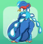  ambiguous_gender anthro belly_inflation butt generation_9_pokemon hi_res inflation liquid_inflation looking_at_viewer looking_back nintendo onomatopoeia pokemon pokemon_(species) quaquaval rear_view slosh sloshing_belly smokey_blokey solo sound_effects text water_inflation 