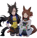  2girls ^_^ air_shakur_(umamusume) animal_ears black_hair black_jacket black_ribbon black_shorts black_skirt brown_hair closed_eyes clover_hair_ornament cowboy_shot eyebrow_piercing fine_motion_(umamusume) gloves hair_between_eyes hair_bun hair_ornament hair_ribbon hand_on_own_hip highres holding_clover horse_ears horse_girl jacket long_hair multiple_girls neck_ribbon piercing pleated_skirt revi_616 ribbon sharp_teeth shirt short_sleeves shorts simple_background single_hair_bun skirt teeth umamusume white_background white_gloves white_hair white_jacket yellow_eyes yellow_shirt 