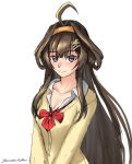  1girl ahoge alternate_costume artist_name bow brown_cardigan brown_hair cardigan closed_mouth collarbone commentary_request cropped_torso hair_ornament hairband hairclip kantai_collection kongou_(kancolle) long_sleeves looking_at_viewer one-hour_drawing_challenge purple_eyes red_bow rekka_yamato simple_background smile solo white_background 