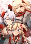  3girls :q admiral_hipper_(azur_lane) anger_vein artist_name azur_lane black_gloves blonde_hair bluecher_(azur_lane) breast_envy breast_rest breasts breasts_on_head cross face_to_breasts fang gloves green_eyes grey_gloves grey_hair hands_on_own_chest headgear iron_cross large_breasts looking_at_viewer miniskirt mole mole_on_breast multicolored_clothes multicolored_hair multicolored_scarf multiple_girls open_mouth partially_fingerless_gloves plaid plaid_skirt pleated_skirt prinz_eugen_(azur_lane) red_eyes red_gloves red_hair red_scarf red_skirt scarf shindoi_akio sideboob sideboob_cutout skin_fang skirt star_(symbol) streaked_hair tongue tongue_out two-tone_gloves two-tone_hair 
