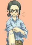  1girl black-framed_eyewear black_hair blue_shirt brown_pants buttoned_cuffs buttons chiyo_maru collared_shirt commentary_request dress_shirt eyelashes forehead gauze_on_arm glaring highres light_blush light_frown looking_at_viewer low_ponytail orange_background original outstretched_arm pants parted_hair parted_lips pinstripe_pattern pinstripe_shirt rolling_sleeves_up shirt shirt_partially_tucked_in short_hair short_ponytail simple_background sleeves_past_elbows solo speech_bubble striped striped_shirt translated tsurime unbuttoned_sleeves undershirt upper_body v-shaped_eyebrows vertical-striped_shirt vertical_stripes watch wristwatch yellow_eyes 