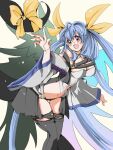  1girl angel_wings asymmetrical_wings bare_shoulders blue_hair bow detached_sleeves dizzy_(guilty_gear) guilty_gear guilty_gear_xrd hair_ribbon hair_rings highres long_hair monster_girl red_eyes ribbon ruiruilui1001 solo tail tail_bow tail_ornament tail_ribbon thighhighs twintails wings yellow_ribbon 