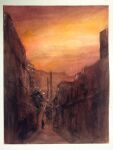  1boy alley building city cloud cloudy_sky day highres orange_sky original painting_(medium) power_lines road scenery shadow sky street sunlight sunset tlctm7h8wdwnthx traditional_media utility_pole watercolor_(medium) 