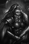  1girl adepta_sororitas armor boobplate cape fur_trim gauntlets glowing glowing_weapon holding holding_weapon imperial_aquila looking_at_viewer monochrome outdoors pauldrons planet ponytail raised_eyebrows scar scar_on_face shoulder_armor side_cut signature sisters_of_silence solo thick_lips three_quarter_view topknot veronica_anrathi warhammer_40k weapon 