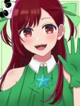  arima_kana dress gloves green_dress green_gloves hair_ribbon idol idol_clothes long_hair mi_e1111 open_mouth oshi_no_ko red_eyes red_hair ribbon smile solo star_(symbol) upper_body 