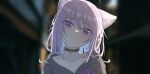  1girl :3 ahoge animal_ears black_hoodie blurry blurry_background cat_ears cat_girl cat_tail collar highres hololive hood hoodie nekomata_okayu nekomata_okayu_(1st_costume) purple_eyes purple_hair smile solo suzuushi tail virtual_youtuber wet 