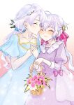  2girls absurdres age_difference axia-chan basket blue_dress blush closed_eyes dress flower grey_hair hair_ribbon highres holding holding_basket jewelry kiss long_hair long_sleeves mother&#039;s_day mother_and_daughter multiple_girls purple_dress purple_ribbon ribbon ring senki_zesshou_symphogear short_sleeves sonnet_m._yukine twintails wedding_ring yukine_chris 