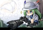  1girl ass blue_eyes camera camouflage_trim glasses gloves green_hair hat hat_feather helmet highres holding holding_camera jacket kemono_friends lens_focus long_hair mirai_(kemono_friends) panties pith_helmet safari_jacket sekiguchi_miiru shirt short_sleeves underwear 