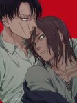  2boys black_hair brown_hair commentary_request eren_yeager green_eyes grey_eyes levi_(shingeki_no_kyojin) long_hair male_focus mo_cha_ri multiple_boys red_background scar scar_across_eye scar_on_cheek scar_on_face scar_on_lip shingeki_no_kyojin twitter_username 