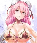  1girl bandaged_arm bandages bikini bikini_pull blush breasts bun_cover cleavage clothes_pull collarbone commentary_request double_bun flower hair_between_eyes hair_bun hat ibaraki_kasen large_breasts looking_at_viewer medium_hair mob_cap open_mouth pink_eyes pink_flower pink_hair pulled_by_self red_bikini short_hair solo swimsuit touhou y2 