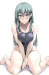  1girl aqua_eyes aqua_hair barefoot between_legs black_one-piece_swimsuit blush breasts cleavage closed_mouth collarbone commentary_request competition_swimsuit covered_navel hair_between_eyes hair_ornament hairclip hand_between_legs highleg highleg_swimsuit highres kantai_collection large_breasts long_hair looking_at_viewer one-piece_swimsuit sitting solo suzuya_(kancolle) swimsuit wariza white_background zekkyon 