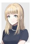  1girl black_shirt blonde_hair border closed_mouth earrings fire_emblem fire_emblem:_three_houses green_eyes grey_background highres ingrid_brandl_galatea jewelry long_hair looking_at_viewer necklace shirt short_sleeves simple_background sketch smile solo straight_hair turtleneck upper_body white_border yuurururun 