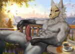  anthro balcony balls bench beverage black_body black_fur bone bread city claws coffee container croissant cup digital_media_(artwork) ears_up food fur furniture genitals hair hi_res levsha male muscular newspaper penis plant pubes purple_eyes skull solo spring table tree white_body white_fur white_hair 