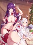  2girls alternate_breast_size anger_vein antlers ass ass_focus bikini book breasts christmas christmas_ornaments christmas_tree cleavage commentary elf english_commentary english_text fake_antlers fern_(sousou_no_frieren) frieren fur-trimmed_bikini fur_trim green_eyes holding holding_ribbon huge_ass kneeling large_breasts light_particles long_hair lying mitsu_(mitsu_art) multiple_girls on_side panties parted_lips pointy_ears purple_eyes purple_hair reindeer_antlers ribbon santa_bikini skindentation small_breasts smile sousou_no_frieren swimsuit thick_thighs thighhighs thighs twintails underwear very_long_hair white_hair white_panties white_thighhighs 