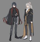  2boys black_footwear black_gloves black_hair black_jacket black_pants black_shirt blade_(honkai:_star_rail) closed_mouth commentary cross cross_necklace fingerless_gloves full_body gloves grey_hair hair_over_one_eye highres honkai:_star_rail honkai_(series) jacket jewelry long_hair looking_at_viewer male_focus multiple_boys necklace pants papajay_(jennygin2) ponytail red_eyes serious shirt simple_background smile standing symbol-only_commentary white_footwear yellow_eyes yingxing_(honkai:_star_rail) 