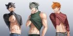  3boys abs absurdres alhaitham_(genshin_impact) alternate_costume aqua_eyes artist_name bandaged_neck bandages black_hair black_male_underwear black_shirt blue_eyes clothes_lift debbie_(debbielu9972) ear_piercing earrings genshin_impact gradient_background green_shirt green_shorts grey_background grey_hair guilty_challenge_(meme) hair_between_eyes hair_over_one_eye hand_on_own_face hand_up headphones highres jewelry lifted_by_self long_sleeves looking_at_viewer male_focus male_underwear meme midriff multicolored_hair multiple_boys multiple_scars muscular muscular_male navel orange_hair parted_bangs piercing red_shirt scar scar_on_arm scar_on_cheek scar_on_face scar_on_stomach shirt shirt_lift short_hair short_sleeves shorts signature simple_background single_earring smile stomach streaked_hair stud_earrings t-shirt tartaglia_(genshin_impact) teeth underwear veins wriothesley_(genshin_impact) 