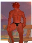  1boy abs alternate_costume animal_ears bara black_male_swimwear bulge dark-skinned_male dark_skin foot_out_of_frame hair_over_one_eye highres large_pectorals league_of_legends looking_at_viewer male_focus male_swimwear muscular muscular_male navel nipples pectorals red_hair scar scar_on_face scar_on_nose sett_(league_of_legends) short_hair sitting solo stomach swim_briefs thick_thighs thighs topless_male yodenn_4 