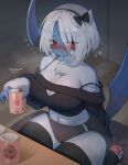  absol absurd_res anthro beverage big_breasts blue_body blue_fur breasts cleavage clothed clothing female fur generation_3_pokemon hair hi_res legwear looking_at_viewer mammal navel neck_tuft nintendo nyaohha pokemon pokemon_(species) red_eyes solo stockings tuft white_body white_fur white_hair 