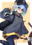  1girl absurdres ahoge alternate_costume anchor_symbol aqua_hair asymmetrical_legwear backpack bag barbaros_(shadowverse) bare_legs baseball_cap black_bag black_choker black_headwear blue_hair blue_thighhighs breasts choker english_text feet_out_of_frame glasses grey_hoodie hair_between_eyes hat highres holding holding_weapon hood hood_down hoodie long_sleeves medium_breasts multicolored_hair open_hand open_mouth oversized_clothes puffy_sleeves shadowverse short_hair shorts simple_background single_bare_leg skull skull_print smile standing streetwear thighhighs v weapon yellow_background yellow_eyes yurihasu zipper 